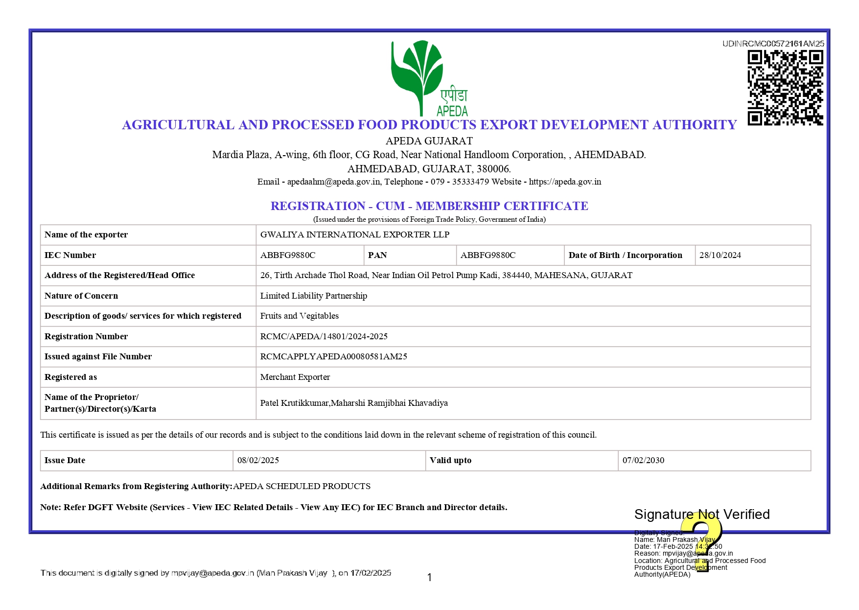 APEDA Registration Certificate